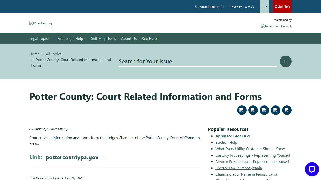 Potter County: Court Related Information and Forms | PALawHELP.org - Your Online Guide to Legal Information and Legal Services in Pennsylvania
